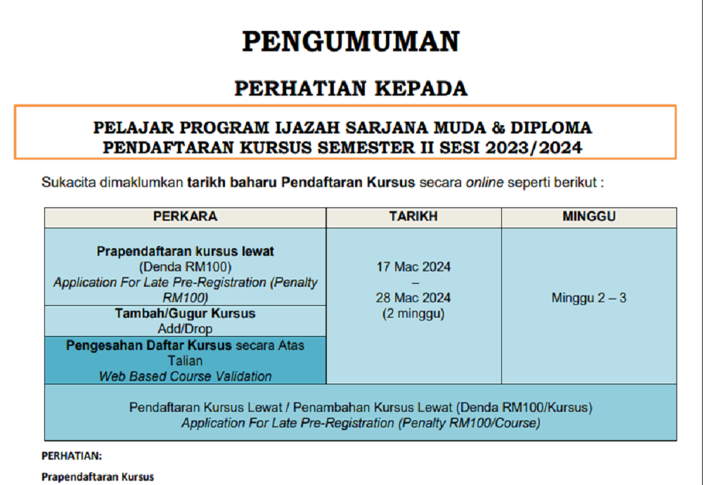 Hebahan Pindaan Tarikh Pendaftaran Kursus Sem II Sesi 2023/2024